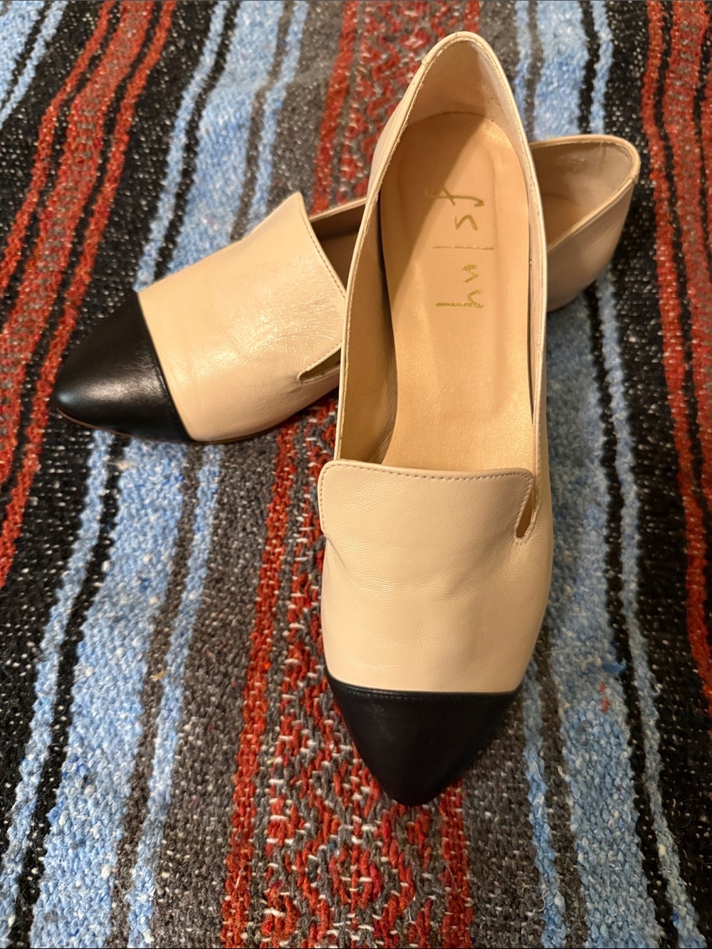 French Sole/NY Beige and Black Pointed Cap Toe Flats